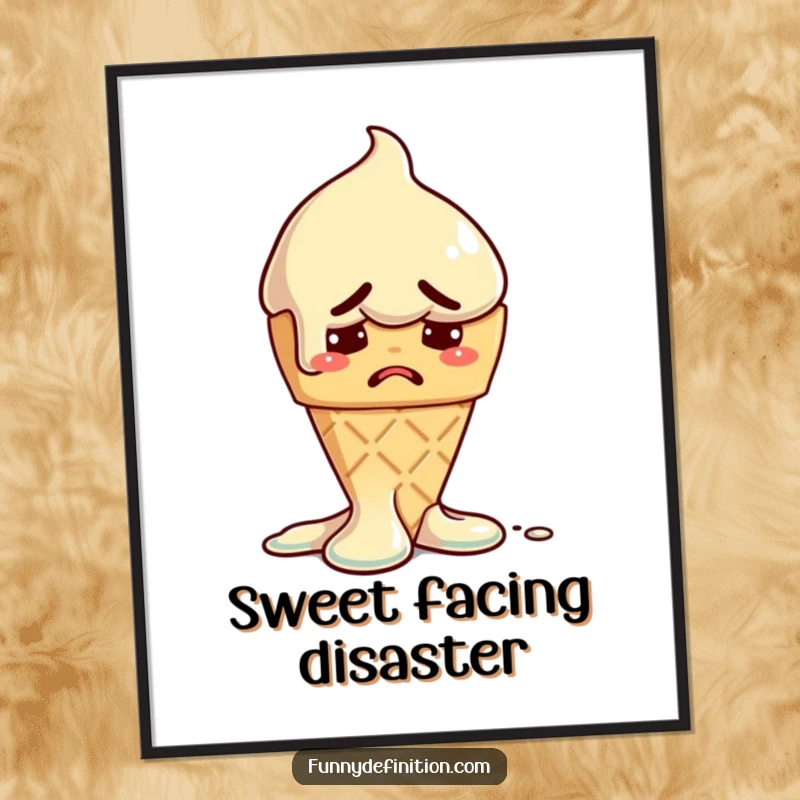 Funny poster of a melting ice cream cone with a worried expression, perfect for humorous and relatable wall decor.