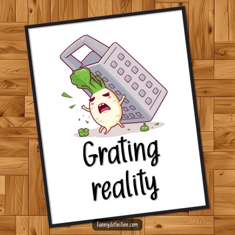 Funny poster depicting a terrified radish character mid-flight, escaping a menacing giant grater, creating a humorous culinary drama.