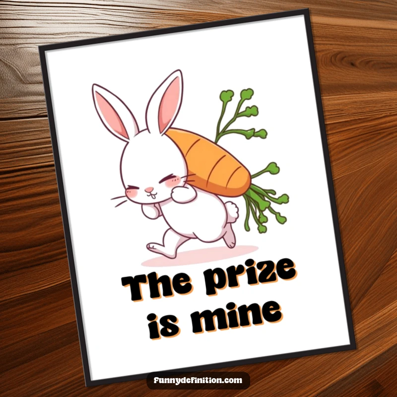 Funny rabbit poster illustrating a comically struggling rabbit straining to carry an enormous carrot, leaning forward with effort, humorous art.