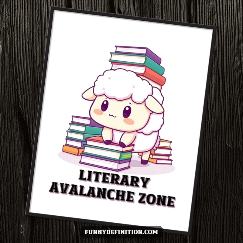 Funny sheep poster illustrating a startled sheep's reaction as a large stack of books dramatically falls on its head, comedic art.