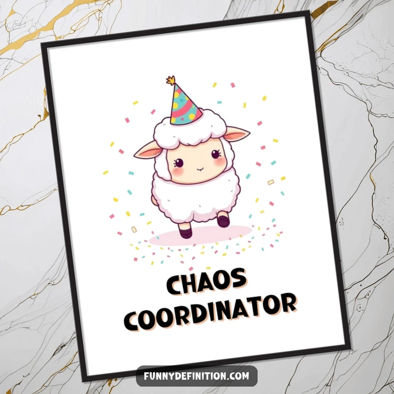 Funny sheep wearing a party hat, trying to gather bouncing confetti, hilarious wall art poster for a joyful and humorous atmosphere.
