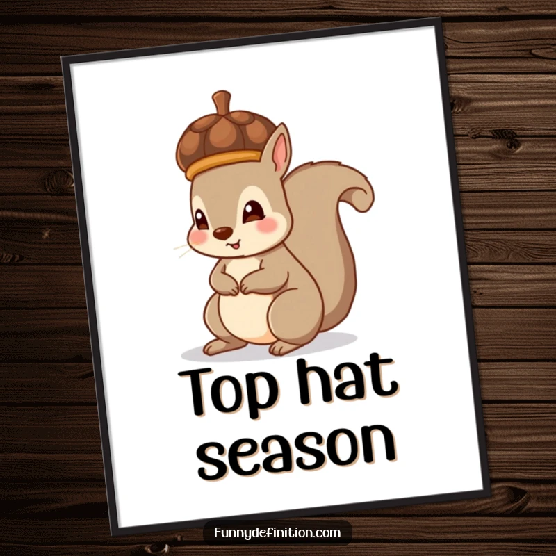 Funny poster of a squirrel accidentally wearing an acorn as a hat, radiating cute and accidental woodland style.