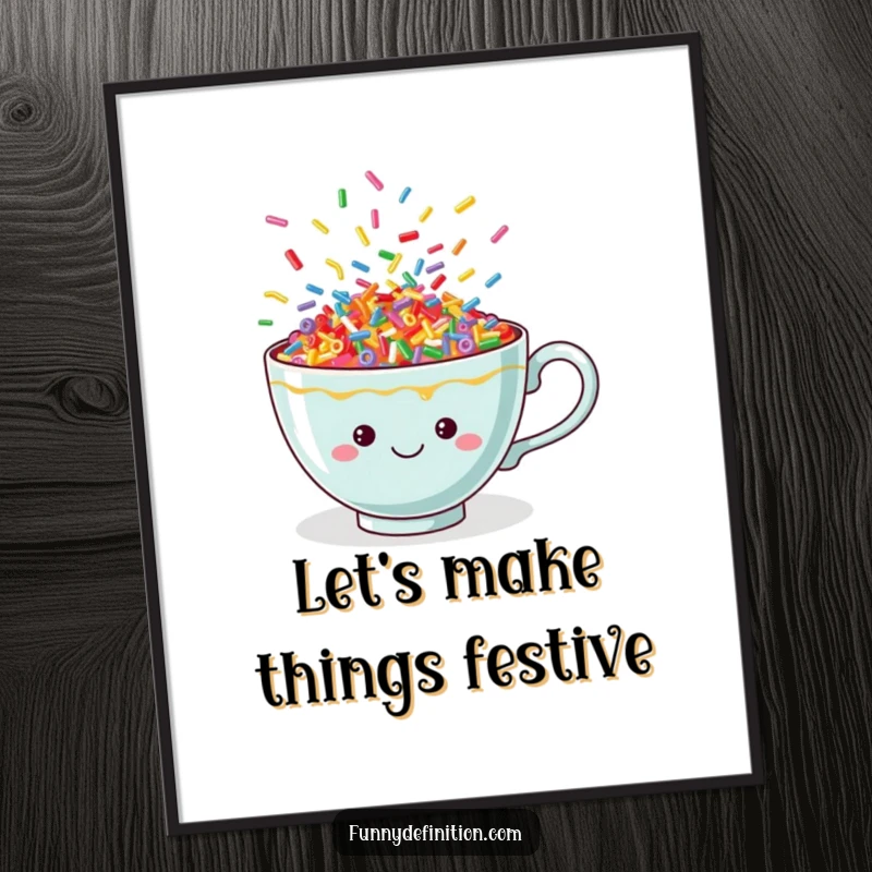 Funny teacup poster showcasing colorful, dancing sprinkles erupting from a cheerful cup, bringing a vibrant and happy atmosphere.