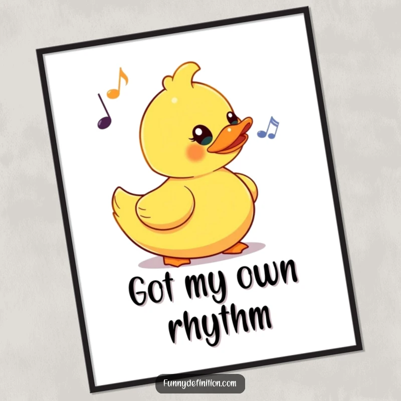 Funny poster illustrating a yellow rubber duck comically bobbing its head to an imaginary beat, a whimsical piece of art for any space.
