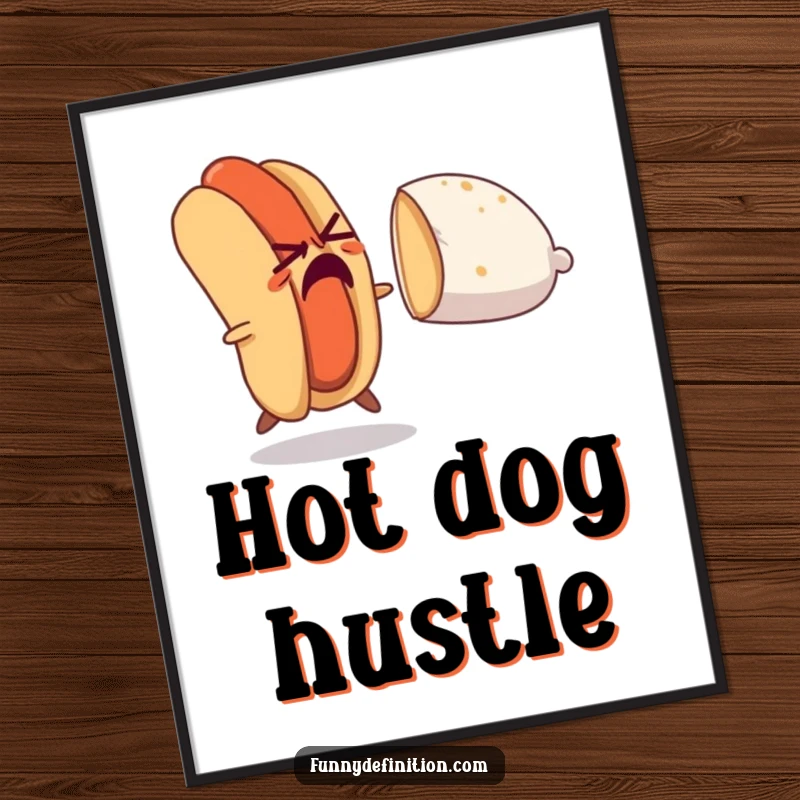 Funny poster art of a nervous hot dog fleeing a pursuing bun, capturing a moment of extreme culinary comedy and chase.