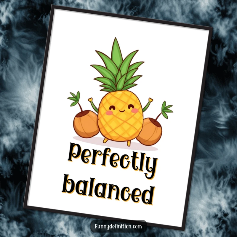 Funny poster art of a cheerful pineapple masterfully juggling three small coconuts, exuding tropical joy.