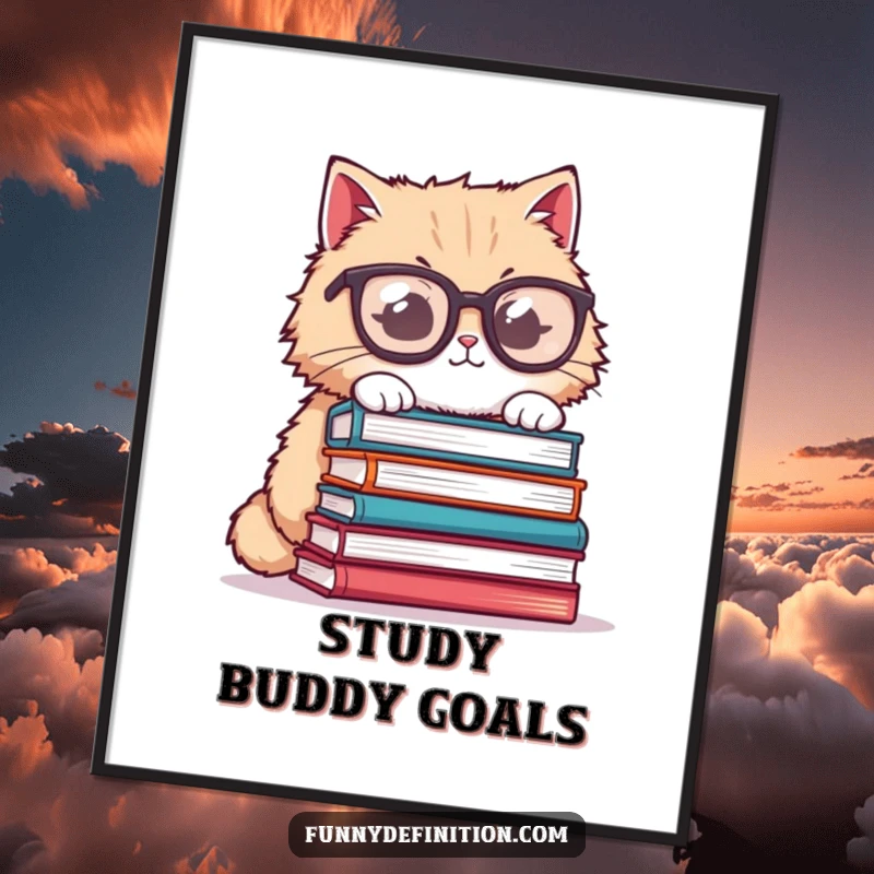 Funny cat poster, fluffy cat wearing oversized glasses, attempting to balance a precarious stack of books, humorous wall art.