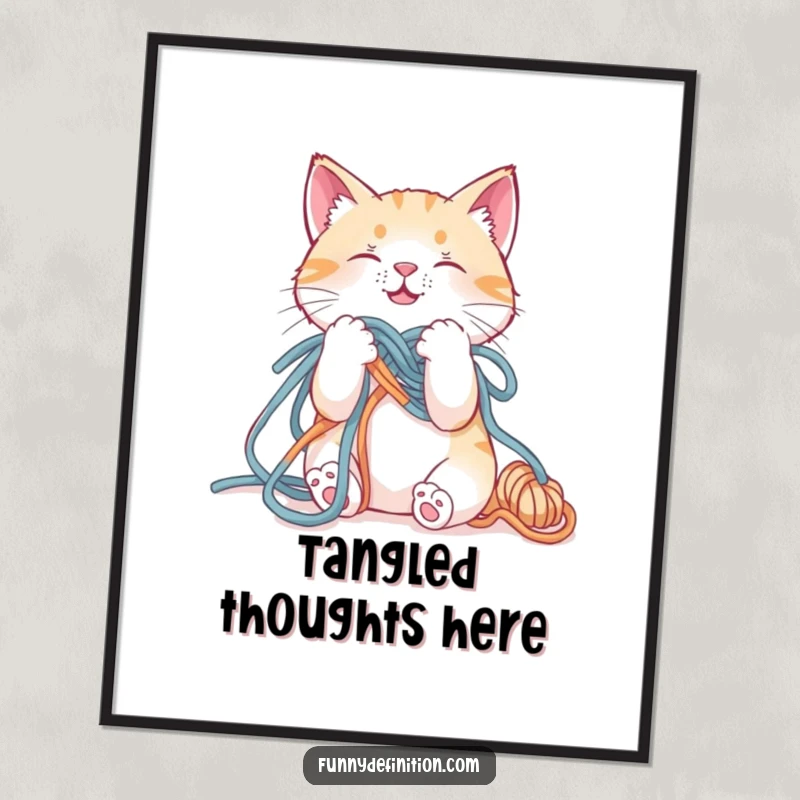 Funny poster of a cat hilariously caught in a tangled mess of yarn, a symbol of playful feline chaos.