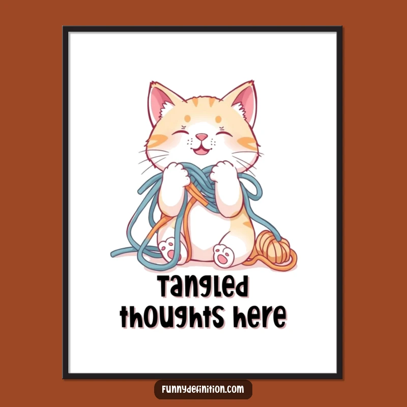 Funny Cat Yarn Tangled Poster - Hilarious Feline Chaos Art Print for Walls