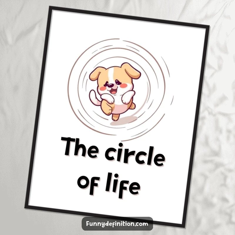 Funny poster depicting a bewildered dog caught in a comical, dizzying spiral while chasing its tail, bringing vibrant humor to decor.