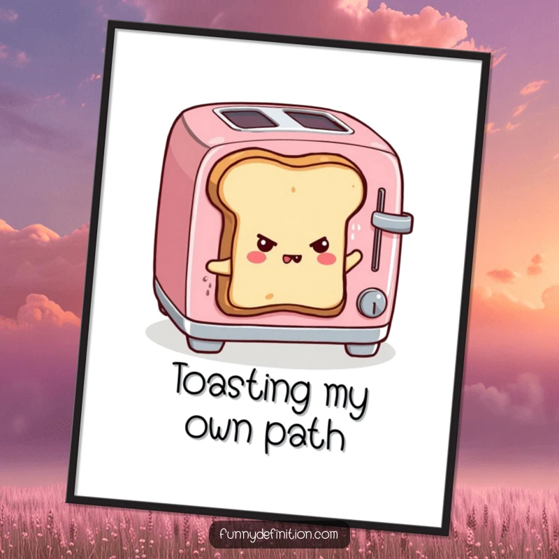 Funny poster depicting a sentient piece of toast heroically escaping a toaster, full of determination, quirky breakfast art.