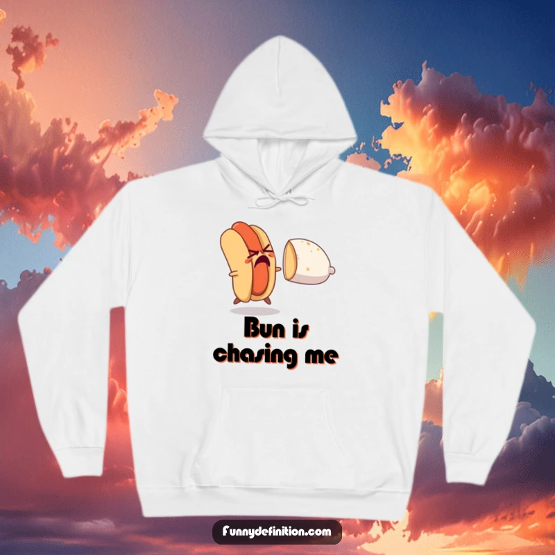 Funny hoodie featuring a nervous hot dog making a daring escape from a hot bun, a cozy depiction of food-fueled comedy.