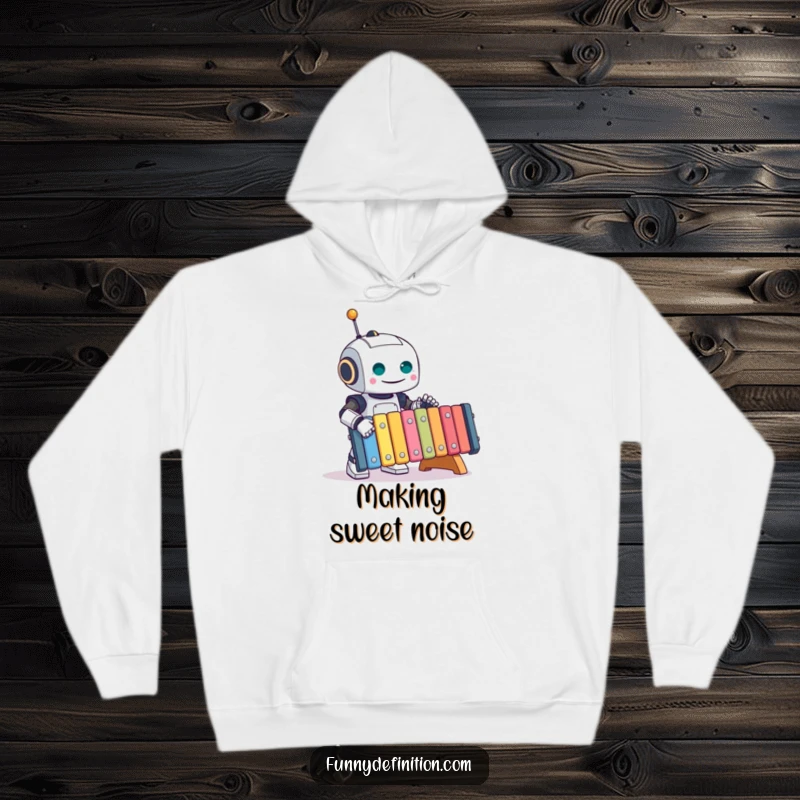 Funny Robot Hoodie: A happy robot joyfully bangs on an oversized, vibrant xylophone, celebrating music and fun, an ideal funny gift.