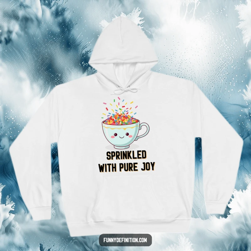 Funny sprinkle teacup hoodie, cozy and warm, adorned with colorful dancing sprinkles, depicting a cheerful and playful vibe.