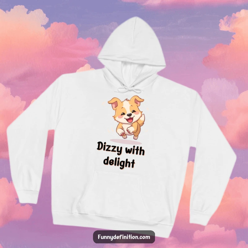 Funny dizzy dog hoodie design of a dog comically spinning in a blur while chasing its tail, offering cozy humor.