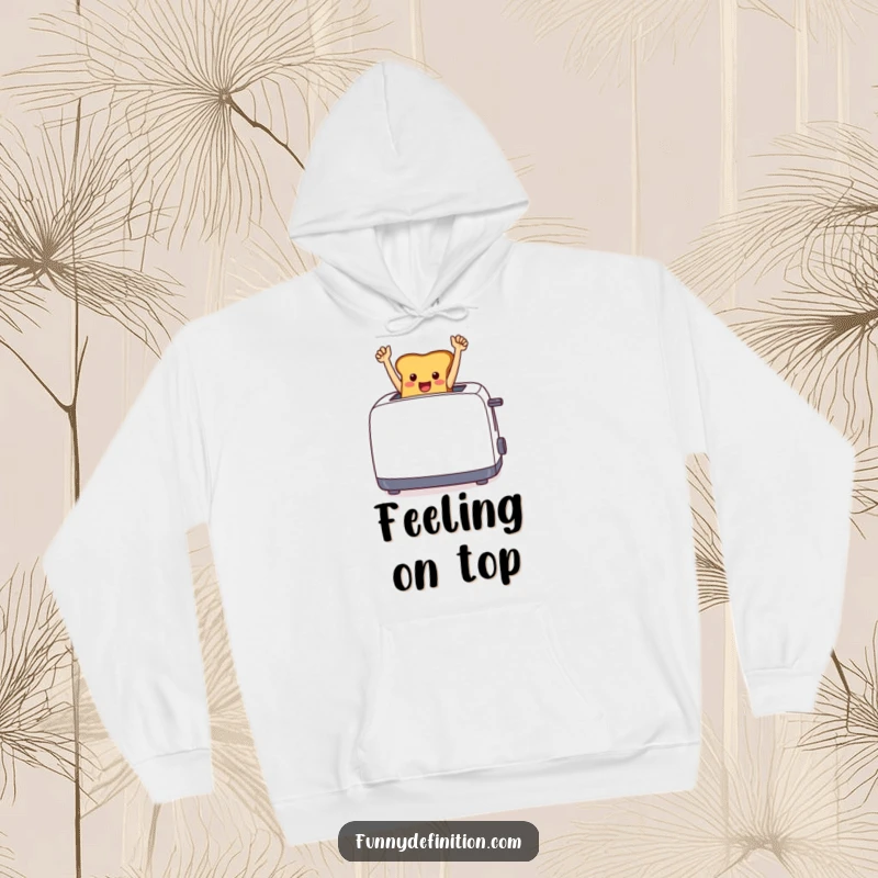Funny cheerful toast jumping out of a toaster with arms raised in victory, printed on a soft hoodie.