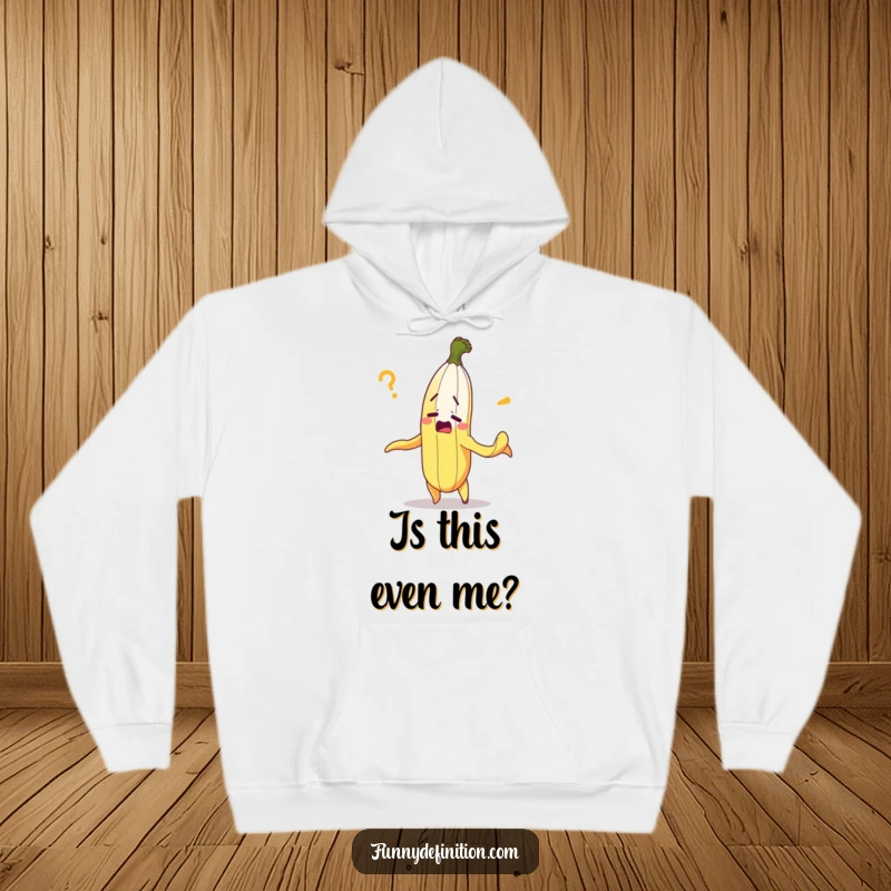 Funny hoodie depicting a bewildered banana hilariously attempting to peel itself, a symbol of confusion.