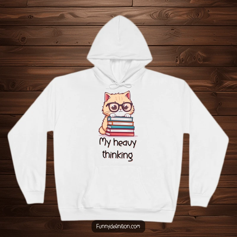Funny cat hoodie, fluffy cat wearing oversized glasses attempting to balance a tall stack of books, soft and humorous apparel.