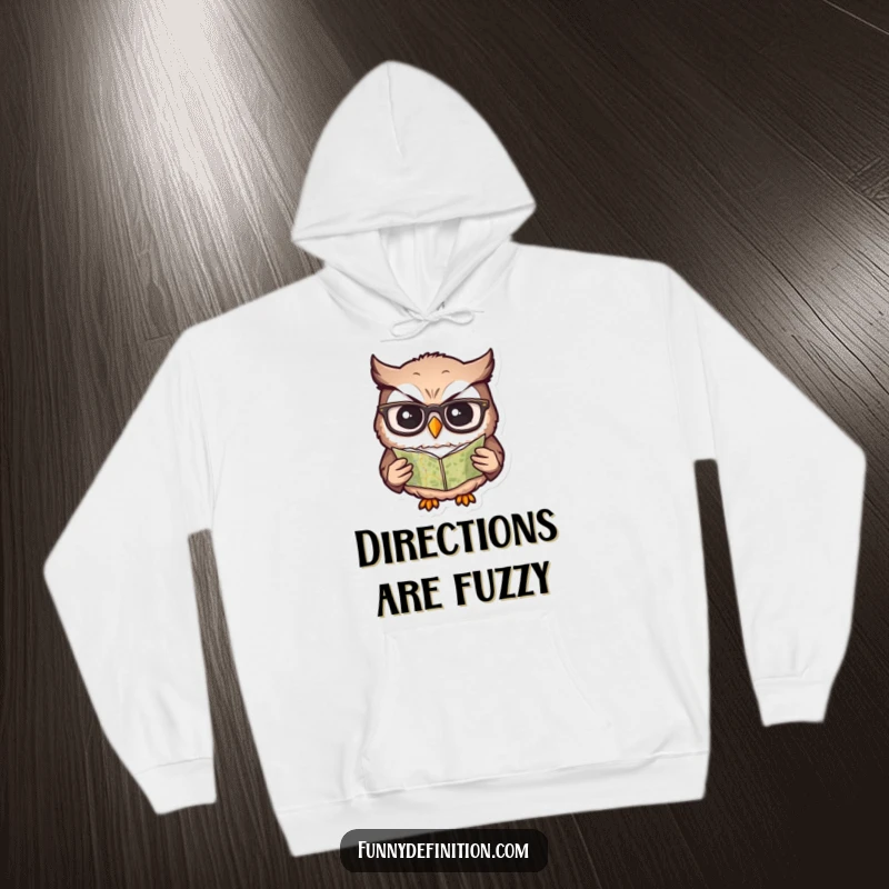 Funny hoodie featuring a confused owl wearing glasses, holding a tiny map, contemplating its next move.