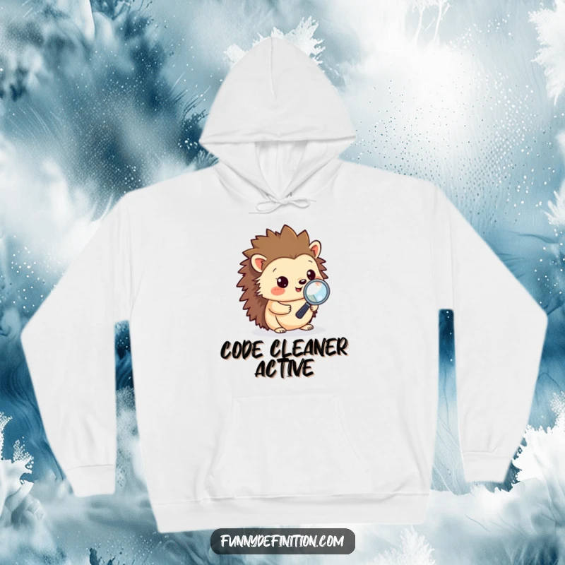 Funny hoodie featuring a focused hedgehog using a small magnifying glass to debug lines of code, embodying dedicated programming.