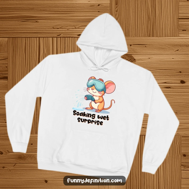 Funny, cozy hoodie with a mouse in large goggles accidentally spraying water from a hose, creating a funny, wet scene.