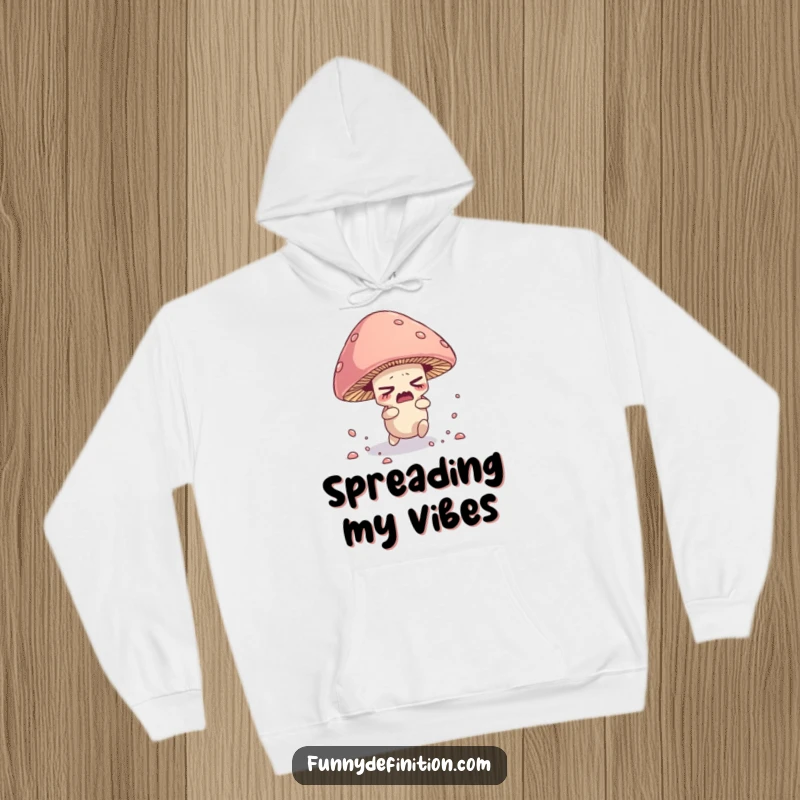 Funny, cozy hoodie featuring a nervous mushroom character tripping over its cap, scattering spores.