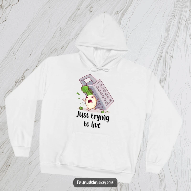 Funny hoodie design featuring a petrified radish character in a frantic escape from a colossal grater, offering warm, humorous protection.
