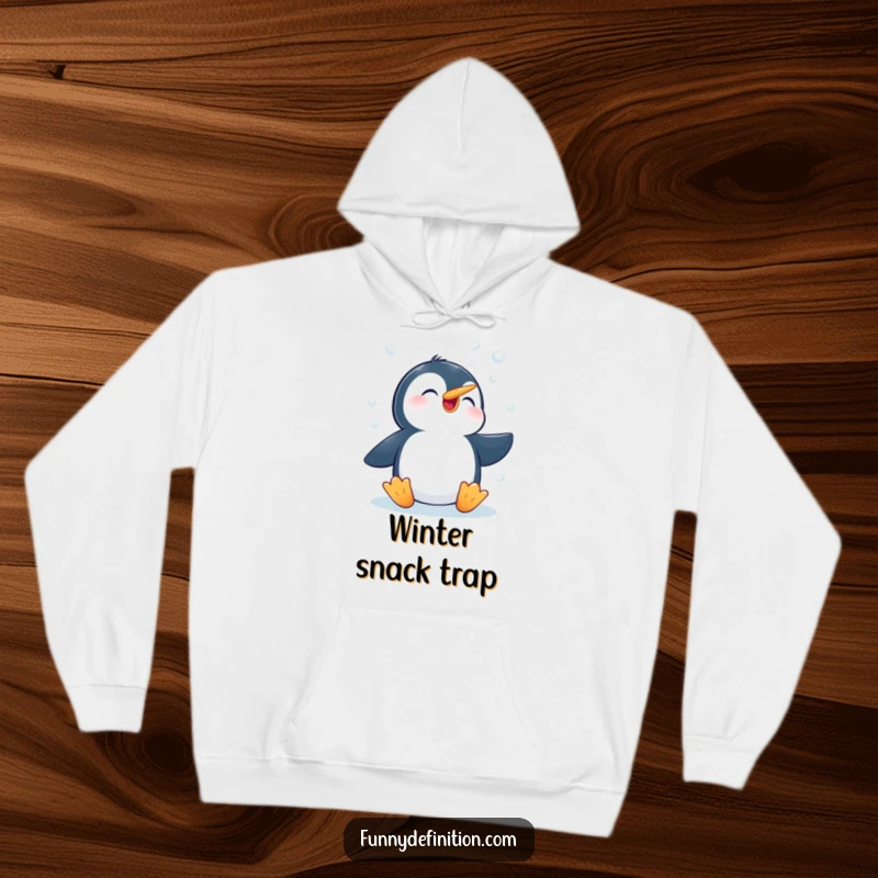 Funny hoodie illustrating a determined penguin enthusiastically catching falling snowflakes with its beak, dressed for a cozy winter day.