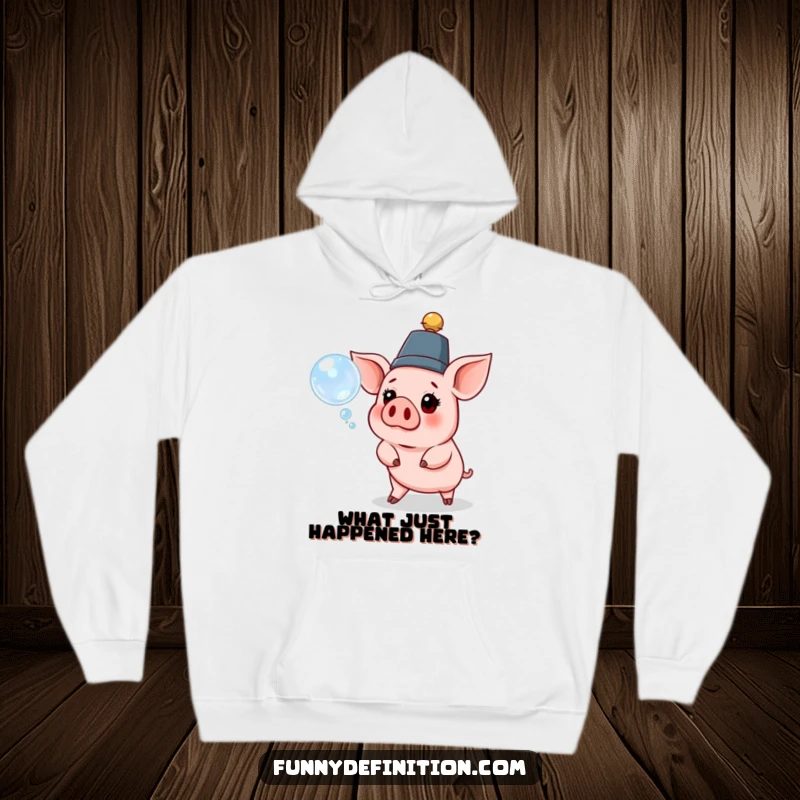 Funny pig hoodie with a pig wearing a ridiculous hat, looking surprised by a floating bubble, cozy and humorous.