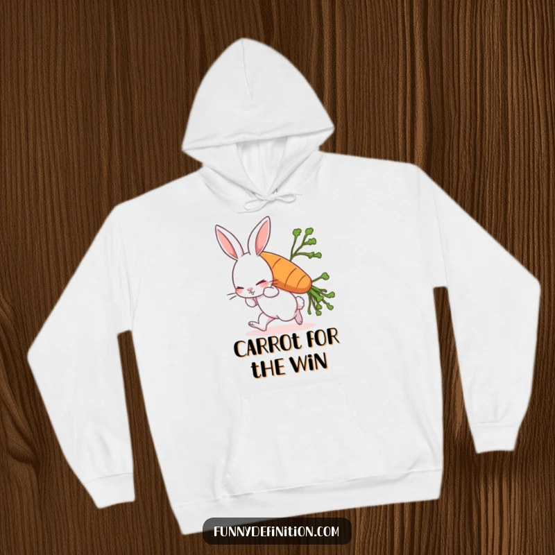 Funny rabbit hoodie featuring a comically struggling rabbit desperately trying to carry an oversized carrot, perfect for garden enthusiasts.