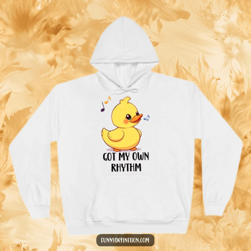 Funny hoodie with a yellow rubber duck comically bobbing its head to an imaginary beat, embodying cozy bath time fun and rhythm.