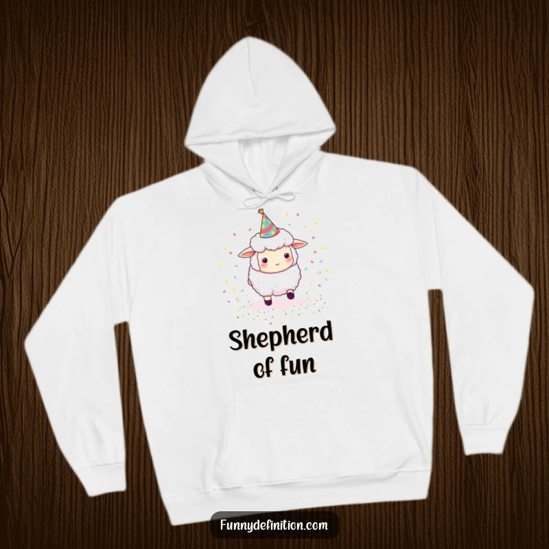Funny sheep wearing a party hat, herding bouncy confetti, a cozy and humorous hoodie for festive occasions and laughter.