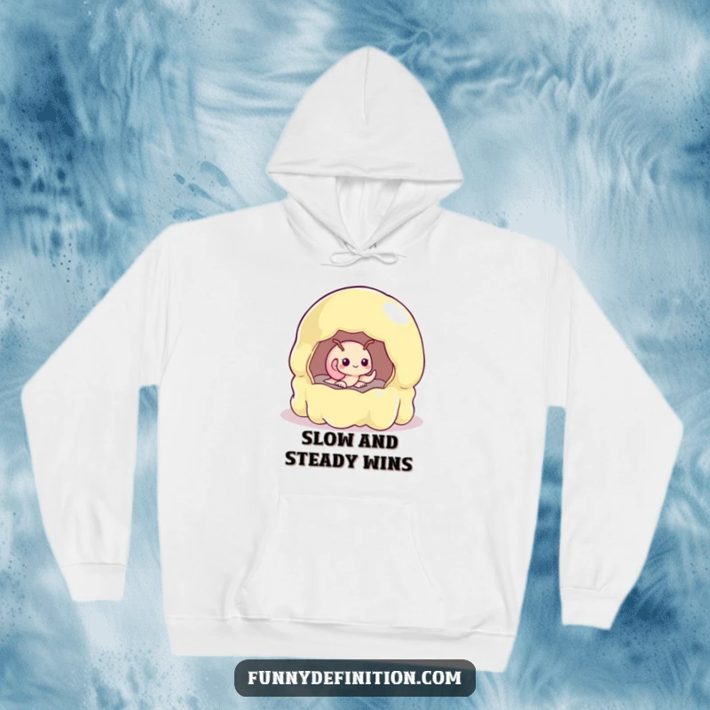 Funny shy snail peeking out of a large, wobbling jelly mold on a soft, hooded sweatshirt.