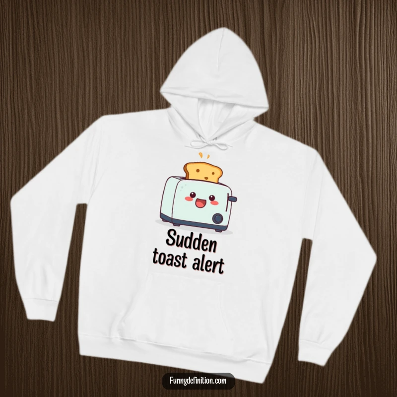 Funny hoodie with a startled piece of toast bursting from a toaster, offering warm comfort and breakfast-themed humor.