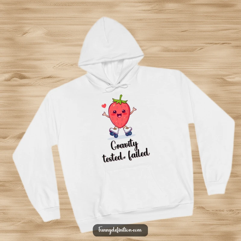 Funny hoodie with a plump strawberry on roller skates, captured mid-trip with flailing limbs, a hilarious and relatable moment.