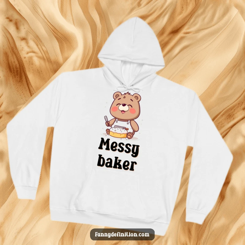 Funny hoodie showing a clumsy bear wearing an apron, dusted with flour while attempting to bake.