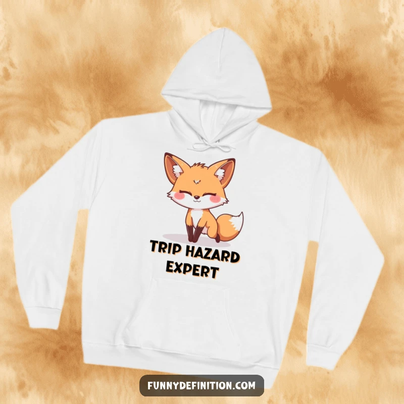 Funny, cozy hoodie featuring a silly fox tripping over its own tail, embodying lovable clumsiness and warmth.