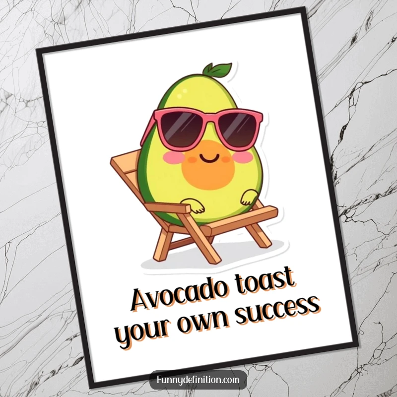 Funny Free Printable Wall Art: A smiling avocado character wearing sunglasses, lounging blissfully on a tiny beach chair.