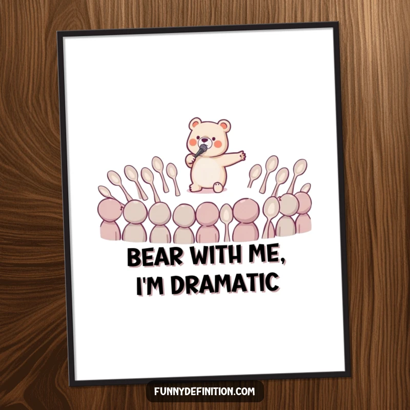 Funny free printable wall art of a tiny bear performing opera for bewildered spoons, adding quirky, theatrical charm.