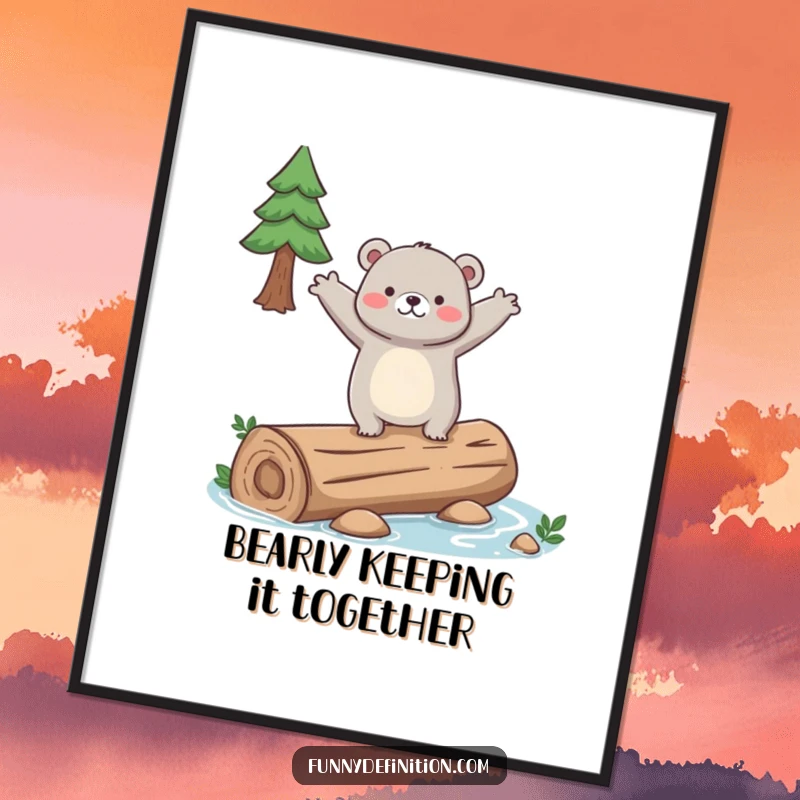 Funny Free Printable Wall Art: A clumsy bear is trying to balance on a slippery log, arms widely spread, looking comical.