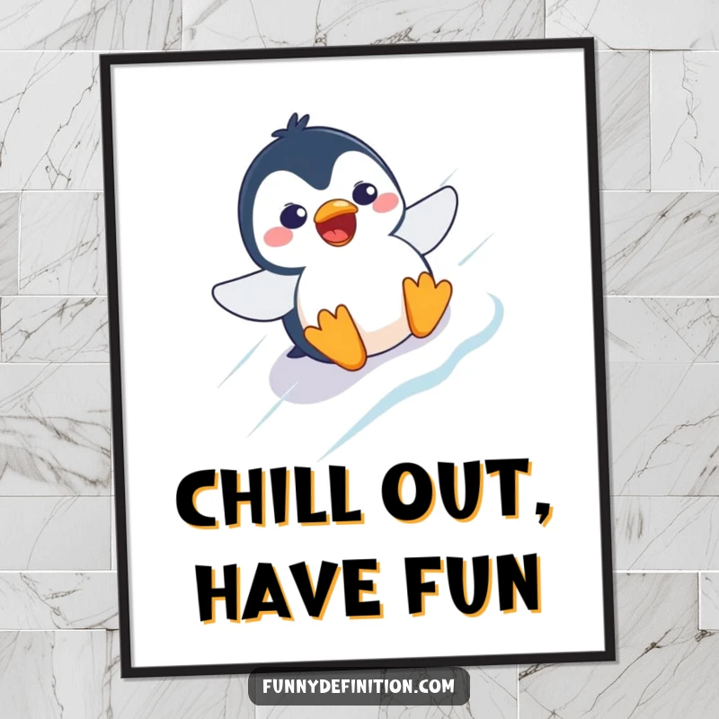 Funny Free Printable Wall Art: Startled penguin character comically sliding down an icy slope with a surprised expression, full of humor.