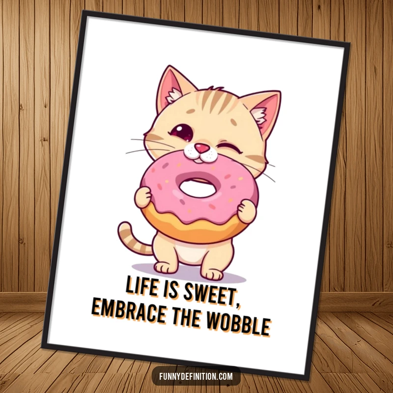 Funny Free Printable Cat Wall Art: A wobbly cat is captured mid-balance, a giant donut perched precariously on its nose.