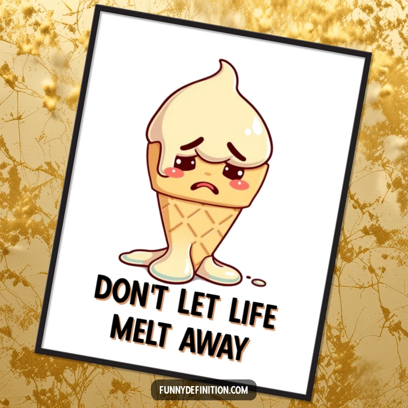 Funny Free Printable Wall Art featuring a melting ice cream cone with a panicked expression, capturing a moment of sweet peril.
