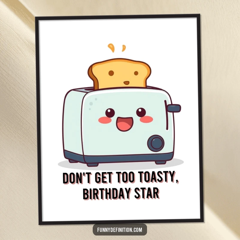 Funny Free Printable Wall Art depicting a startled piece of toast popping out of a toaster, mouth agape in comical surprise.