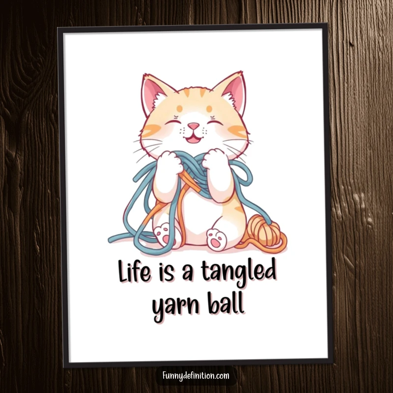 Funny Free Printable Wall Art: A cat is hilariously tangled in a massive ball of yarn. Comical downloadable decor.