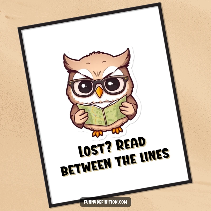 Funny Free Printable Wall Art: A confused owl wearing glasses is perplexed by a tiny map. Quirky downloadable decor.