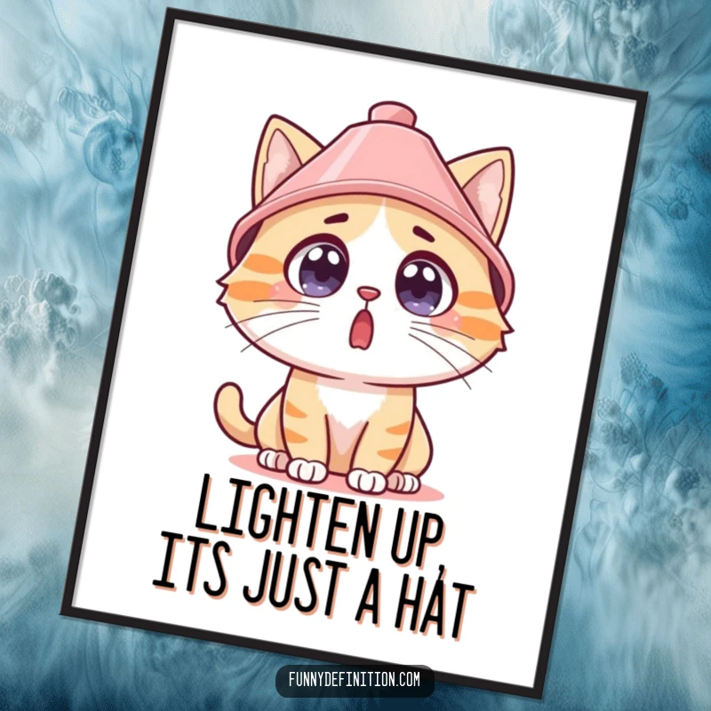 Funny Free Printable Wall Art: A surprised cat wearing a lampshade as a hat, adding a touch of quirky humor.