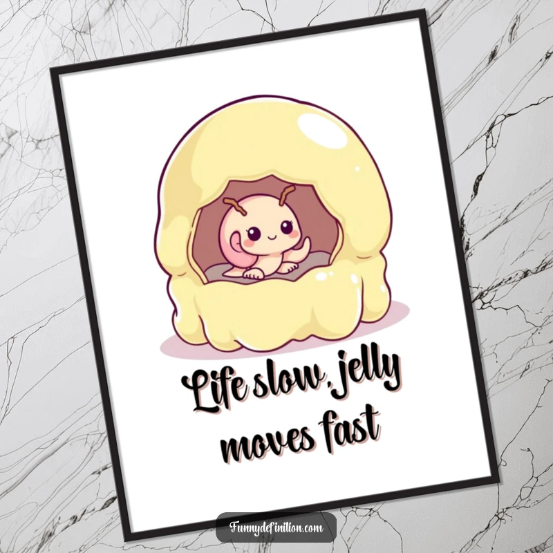 Funny Free Printable Wall Art: A shy snail peeking from a massive, jiggly jelly mold, a humorous downloadable piece.