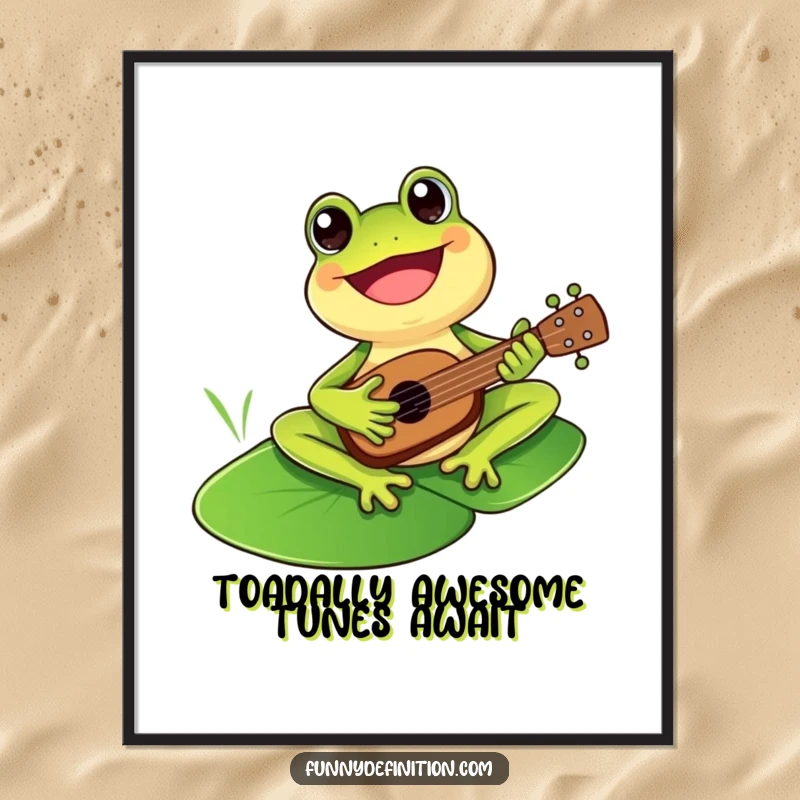 Funny Free Printable Wall Art: A cheerful frog happily playing a ukulele while sitting on a lily pad.