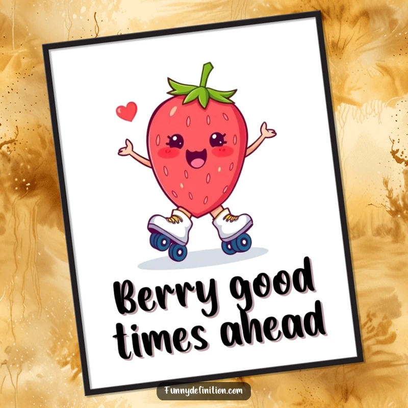 Funny Free Printable Wall Art of a plump strawberry on roller skates hilariously tripping, adding a comical vibe to any room.